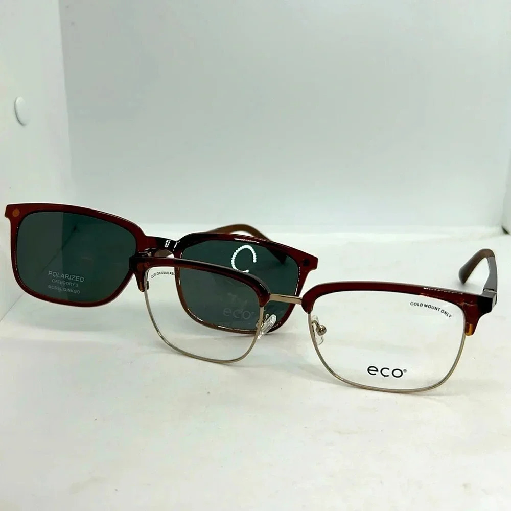 ECO Men’s Cypress BWN Eyeglasses Frames & Polarized Sun Clip On. RXable. NWT